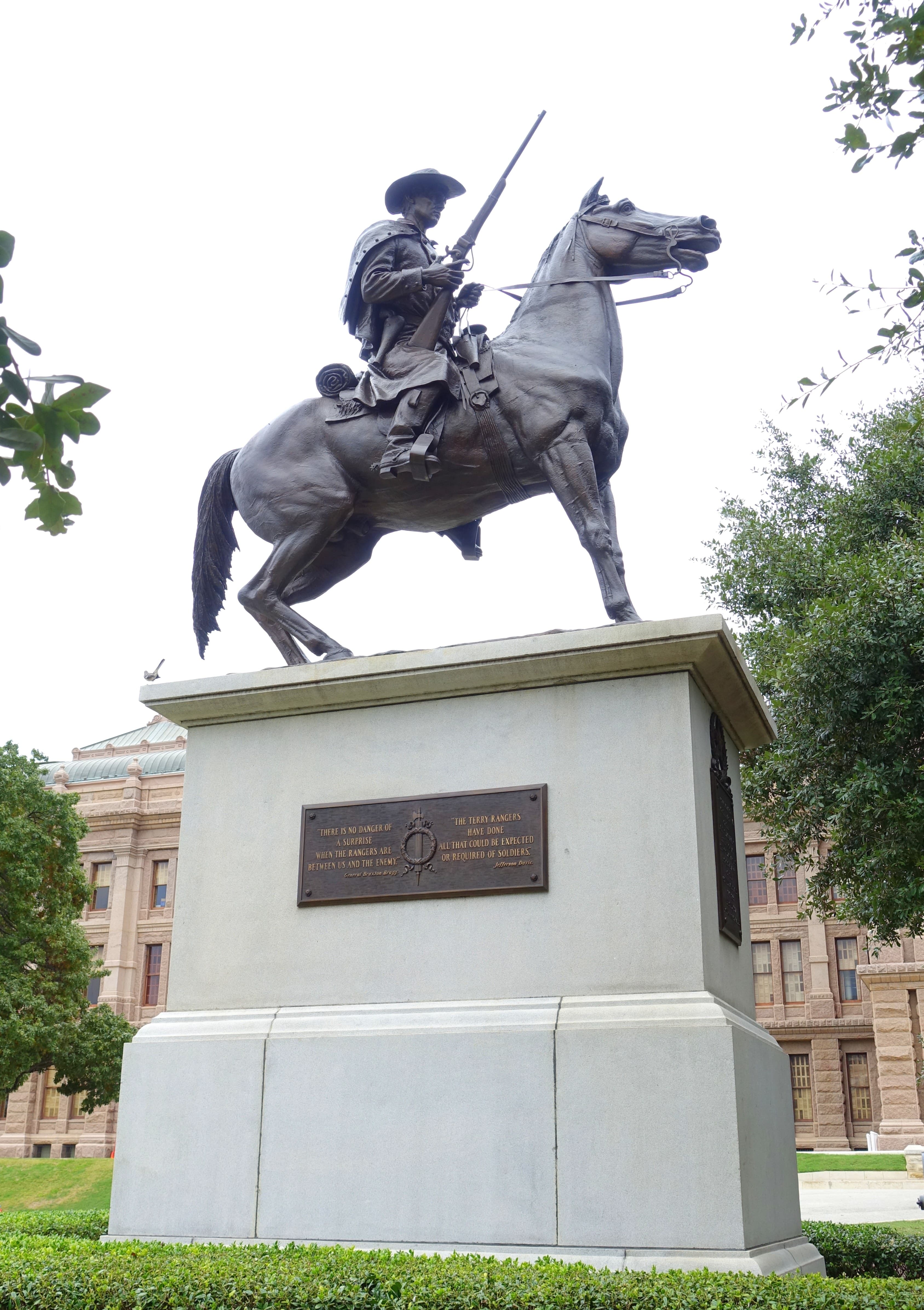 The Terry's Texas Rangers monument on the Texas State Capitol grounds in Austin — a mounted ranger holding a rifle